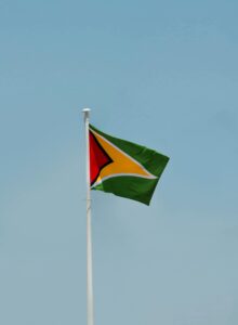 From Pexels. (https://www.pexels.com/photo/guyana-national-flag-swaying-by-the-wind-under-blue-sky-13913319/)