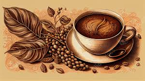 A cup of coffee with coffee beans and leaves.