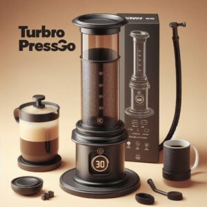 A coffee brewing system called ‘TurboPress GO’ with various components laid out against a brown background. The main device is a cylindrical coffee press with a digital timer on its base, showing ‘30’ seconds