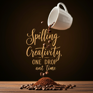 A white coffee cup tips over, spilling coffee beans and ground coffee onto a wooden table. The text "Spilling Creativity, One Drop at a Time" is superimposed on the image.