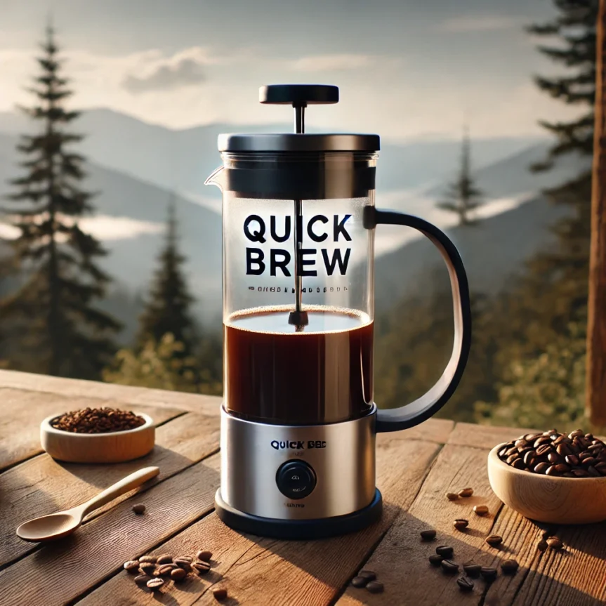 Quick Brew coffee maker outdoors with logo, surrounded by nature