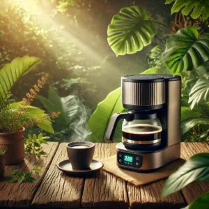"Eco-friendly portable coffee maker on a rustic wooden table outdoors, surrounded by lush green plants and natural sunlight, with a steaming cup of coffee beside it, creating a peaceful, sustainable atmospher
