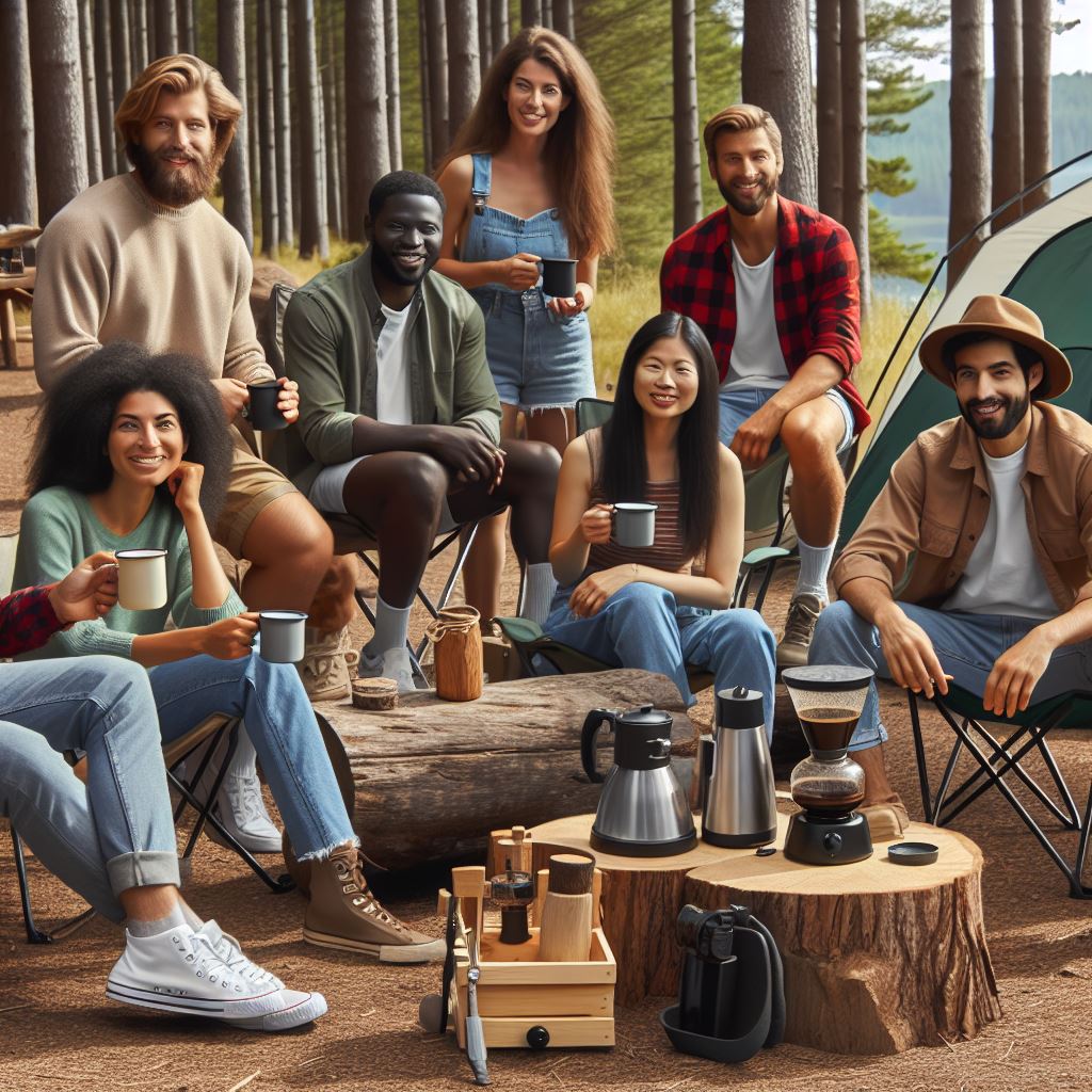 Friends enjoying camping, some holding coffee, and a hand brewing coffee machine near them, showcasing an eco-friendly caffeine companion.