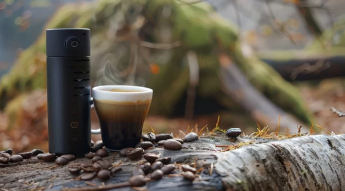A portable coffee maker and hot cup of coffee on a mountain with coffee beans for the brew