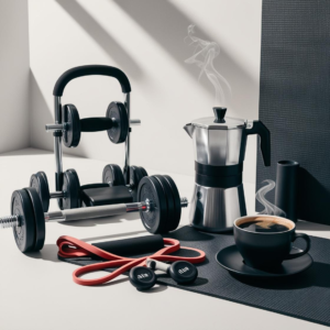 A portable coffee maker placed in a gym next to a freshly brewed cup of coffee, with gym equipment in the background